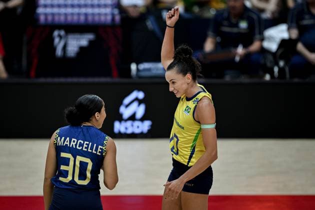 Japan v Brazil - FIVB Women’s World Volleyball Championship BANGKOK, THAILAND - SEPTEMBER 7: Players of Brazil celebrate after a point during the FIVB Women s Volleyball World Championship, WM, Weltmeisterschaft bronze medal match between Japan and Brazil at the Huamark Indoor Stadium in Bangkok, Thailand on September 7, 2025. Mustafa Hatipoglu Anadolu Bangkok Thailand. Editorial use only. Please get in touch for any other usage.  Copyright: x2025xAnadoluxMustafaxHatipoglux