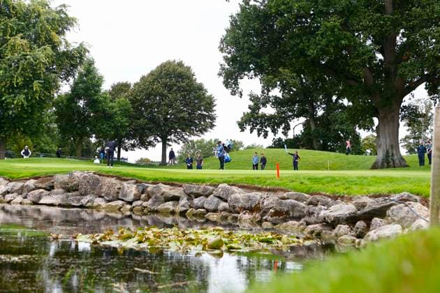 7th September 2025; The K Club, Straffan, County Kildare, Ireland: Amgen Irish Open Golf Final Round; A view of the 11th green as a group of early players putt  PeterxFitzpatrick