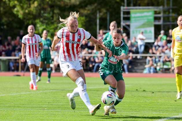 Tessa Blumenberg SC Freiburg and Sharon Beck Werder Bremen battle for the ball, Google Pixel Frauen Bundesliga, Werder Bremen vs SC Freiburg, Platz 11 am Weserstadion, September 7, 2025 in Bremen, Germany Photo by Marco Steinbrenner DeFodi Images Tessa Blumenberg SC Freiburg and Sharon Beck Werder Bremen battle for the ball, Google Pixel Womens Bundesliga, Werder Bremen vs SC Freiburg, Platz 11 am Weserstadion, September 7, 2025 in Bremen, Germany Photo by Marco Steinbrenner DeFodi Images DFB DFL REGULATIONS PROHIBIT ANY USE OF PHOTOGRAPHS AS IMAGE SEQUENCES AND OR QUASI VIDEO