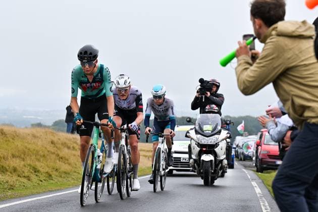 2025 Lloyds Tour of Britain Picture by Bruce Rollinson SWpix.com - 07 09 2025 - Cycling - 2025 Lloyds Tour of Britain - Stage 6: Newport to Cardiff - The Breakaway - Mats Wenzel (Equipo Kern Pharma), Julius Johansen (UAE Team Emirates XRG) Fred Wright (Bahrain Victorious), Bastien Tronchon (Decathlon AG2R La Mondiale Team) taking the KOM points Copyright: x xSWpix.comx(t axPhotographyxHubxLtd)xBrucexRollinson SWpix.comx SWP-3069-2642