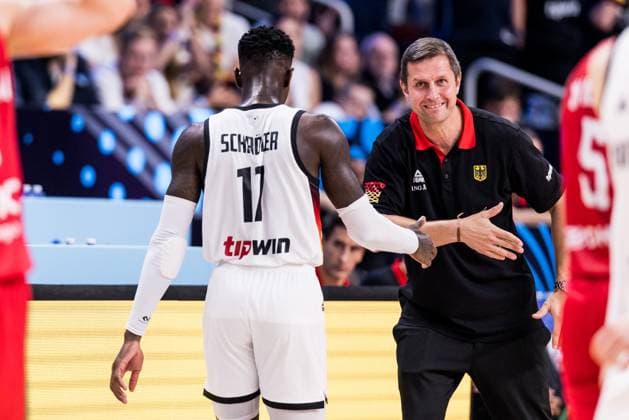 FIBA EuroBasket 2025 Germany Portugal 06 09 2025 Dennis Schröder Germany, 17 and Alan Ibrahimagic Co Coach Germany high-five FIBA EuroBasket 2025 Germany Portugal, Riga, Arena Riga on 06 09 2025 Copyright: xBEAUTIFULxSPORTS Wunderlx