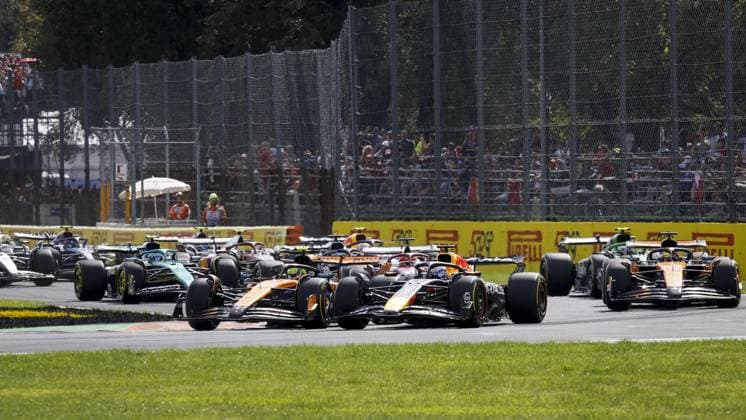 MONZA - Max Verstappen (Red Bull Racing), Lando Norris (McLaren), and Oscar Piastri (McLaren) in action at the Monza circuit during the start of the Italian Grand Prix. ANP SEM VAN DER WAL xVIxANPxSportx xxANPxIVx 535276858 originalFilename: 535276858.jpg