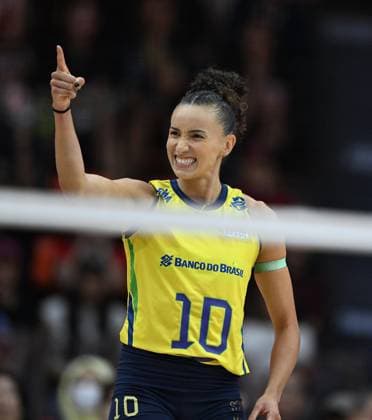 (250907) -- BANGKOK, Sept. 7, 2025 -- Gabriela Braga Guimaraes of Brazil celebrates scoring during the final 3-4 match between Japan and Brazil at the Volleyball Women s World Championship, WM, Weltmeisterschaft in Bangkok, Thailand, Sept. 7, 2025. ) (SP)THAILAND-BANGKOK-VOLLEYBALL-WOMEN S WORLD CHAMPIONSHIP-FINAL 3-4-JAPAN VS BRAZIL HouxZhaokang 