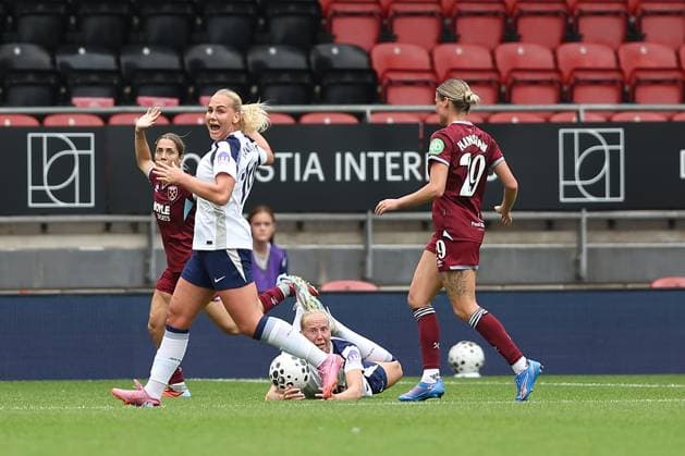 7th September 2025; Brisbane Road, London, England; Womens Super League Football, Tottenham Hotspur versus West Ham United; Eveliina Summanen of Tottenham Hotspur is fouled by Katrina Gorry of West Ham United for a penalty kick  KatiexChan