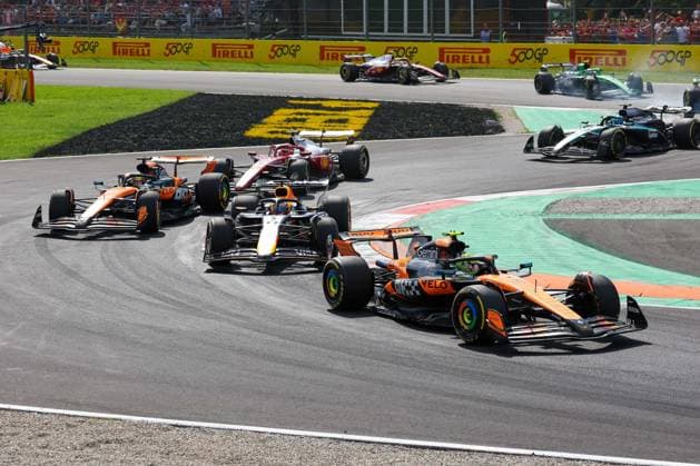 Lando Norris McLaren Formula 1 Team 4 , Max Verstappen Oracle Red Bull Racing 1 , Oscar Piastri McLaren Formula 1 Team 81 , Charles Leclerc Scuderia Ferrari HP 16 , Race, Italian Grand Prix, Motorsport, Men, Formula 1, 07 09 2025 Monza Lombardy Italy Copyright: xkolbert-press ChristianxKolbertx