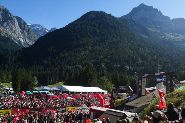 2025 UCI Mountain Bike World Championships Picture by Thomas Maheux SWpix.com - 07 09 2025 - Cycling - 2025 UCI Mountain Bike World Championships - Downhill - ChampÃ ry, Valais, Switzerland - Men Elite Final - A general view (GV) of the finish area Copyright: x xSWpix.comx(t axPhotographyxHubxLtd)xThomasxMaheux SWpix.comx SWP-3030-2710
