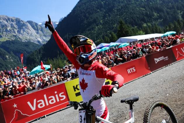 2025 UCI Mountain Bike World Championships Picture by Alex Whitehead SWpix.com - 07 09 2025 - Cycling - 2025 UCI Mountain Bike World Championships - Downhill - ChampÃ ry, Valais, Switzerland - Men Elite Final - Jackson Goldstone (Canada) after his run Copyright: x xSWpix.comx(t axPhotographyxHubxLtd)xAlexxWhitehead SWpix.comx SWP-3030-2711