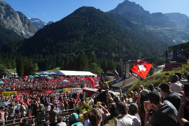 2025 UCI Mountain Bike World Championships Picture by Thomas Maheux SWpix.com - 07 09 2025 - Cycling - 2025 UCI Mountain Bike World Championships - Downhill - ChampÃ ry, Valais, Switzerland - Men Elite Final - A general view (GV) of the finish area Copyright: x xSWpix.comx(t axPhotographyxHubxLtd)xThomasxMaheux SWpix.comx SWP-3030-2714