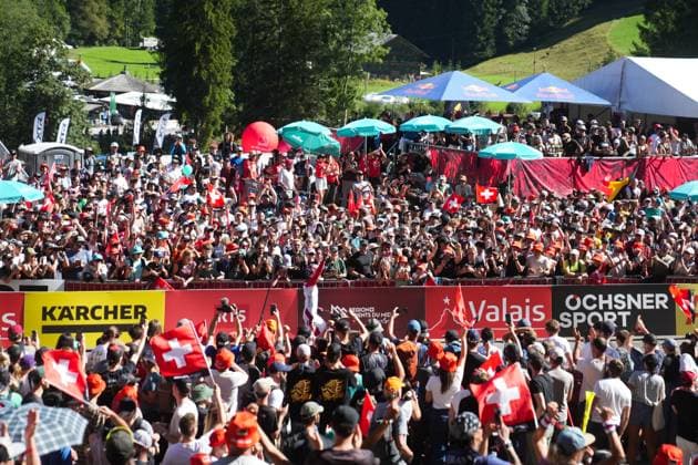 2025 UCI Mountain Bike World Championships Picture by Thomas Maheux SWpix.com - 07 09 2025 - Cycling - 2025 UCI Mountain Bike World Championships - Downhill - ChampÃ ry, Valais, Switzerland - Men Elite Final - A general view (GV) of the finish area, Jackson Goldstone (Canada) after his run Copyright: x xSWpix.comx(t axPhotographyxHubxLtd)xThomasxMaheux SWpix.comx SWP-3030-2716