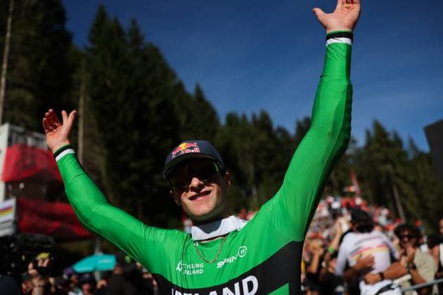 2025 UCI Mountain Bike World Championships Picture by Alex Whitehead SWpix.com - 07 09 2025 - Cycling - 2025 UCI Mountain Bike World Championships - Downhill - ChampÃ ry, Valais, Switzerland - Men Elite Final - Ronan Dunne (Ireland) finishes third Copyright: x xSWpix.comx(t axPhotographyxHubxLtd)xAlexxWhitehead SWpix.comx SWP-3030-2744