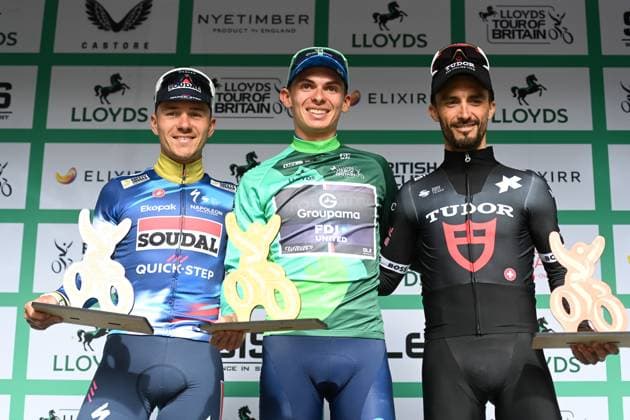 2025 Lloyds Tour of Britain Picture by Simon Wilkinson SWpix.com - 07 09 2025 - Cycling - 2025 Lloyds Tour of Britain - Stage 6: Newport to Cardiff - Overall General Classification Podium - Romain GrÃ goire (Groupama FDJ) Wins the 2025 Lloyds Tour of Britain General Classification, Remco Evenepoel (Soudal Quick-Step) Second Place and Julian Alaphilippe (Tudor Pro Cycling Team) Third Place Copyright: x xSWpix.comx(t axPhotographyxHubxLtd)xSimonxWilkinson SWpix.comx SWP-3069-2653