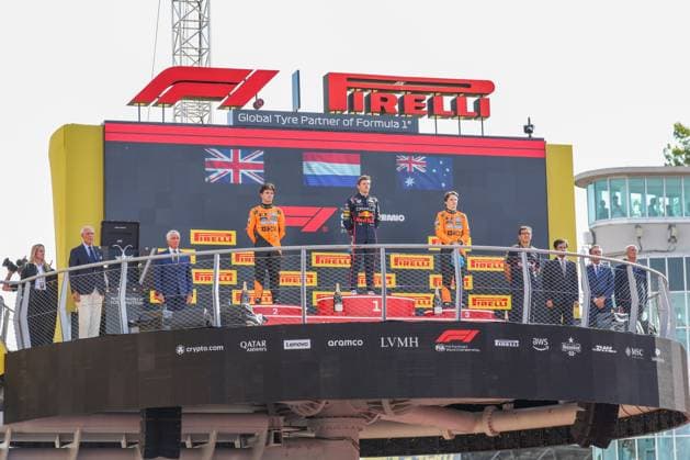 l r 2nd place Lando Norris McLaren Formula 1 Team , Winner, Winner, Max Verstappen Oracle Red Bull Racing 1 , 3rd place Oscar Piastri McLaren Formula 1 Team , Race, Italian Grand Prix, Motorsport, Men, Formula 1, 07 09 2025 Monza Lombardy Italy Copyright: xkolbert-press ChristianxKolbertx