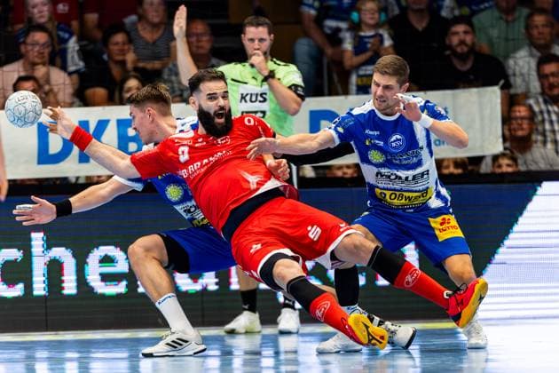 07 09 2025, GER, Handball, Men, Season 25 26, Daikin 1 Bl, 3 Matchday ThSV Eisenach MT Melsungen Ruben Marchan MT Melsungen Vincent Buechner ThSV Eisenach,74 Oskar Joelsson ThSV Eisenach,3 99817 Eisenach Werner Assmann Halle Am Sportp Thueringen Germany