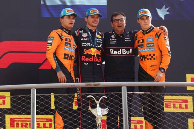 F1 Grand Prix of Italy Max Verstappen of Red Bull Racing celebrates on the podium with Lando Norris and Oscar Piastri of McLaren at the end of the F1 Grand Prix of Italy at Autodromo Nazionale on September 7, 2025 in Monza, Italy. Monza Autodromo Nazionale Italy Copyright: xMarcoxCanonierox