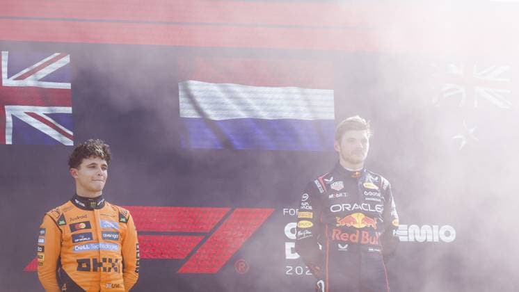 MONZA - Max Verstappen (Red Bull Racing) and Lando Norris (McLaren) on the podium at the Monza circuit after winning the Italian Grand Prix. ANP SEM VAN DER WAL xVIxANPxSportx xxANPxIVx 535284380 originalFilename: 535284380.jpg