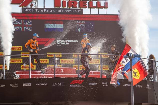 Formula 1 GP Italy Monza, Sunday, 07 09 2025 Max Verstappen 1, Oracle Red Bull Racing and Lando Norris 4, McLaren Formula 1 Team and Oscar Piastri 81, McLaren Formula 1 Team on the podium Formula 1 GP Italy Monza, Sunday, 07 09 2025 Copyright: xBEAUTIFULxSPORTS Erlhofx