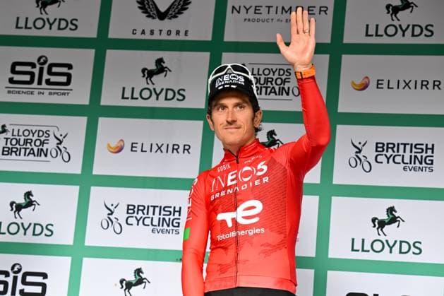 2025 Lloyds Tour of Britain Picture by Bruce Rollinson SWpix.com - 07 09 2025 - Cycling - 2025 Lloyds Tour of Britain - Stage 6: Newport to Cardiff - Geraint Thomas (INEOS Grenadiers) on the podium commemorating his career in cycling Copyright: x xSWpix.comx(t axPhotographyxHubxLtd)xBrucexRollinson SWpix.comx SWP-3069-2683