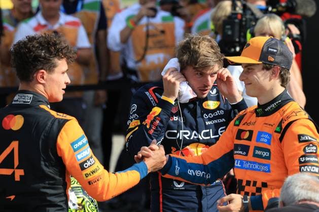 7th September 2025; Autodromo Nazionale Monza, Monza, Italy; Formula 1 Italian Grand Prix 2025 Race Day; Race winner Max Verstappen of the Netherlands and Oracle Red Bull Racing Second placed Lando Norris of Great Britain and McLaren Third placed Oscar Piastri of Australia and McLaren  PierrexTeyssot