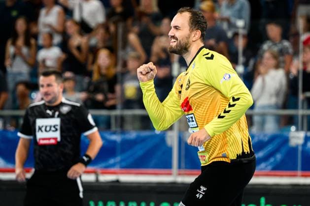 Bietigheim HBL 25 26 SG BBM Bietigheim VfL Luebeck Schwartau Torhueter Nils Conrad VfL Luebeck Schwartau Jubel Freude Emotion Bietigheim Bissingen Egetrans Arena Baden Württemberg Germany