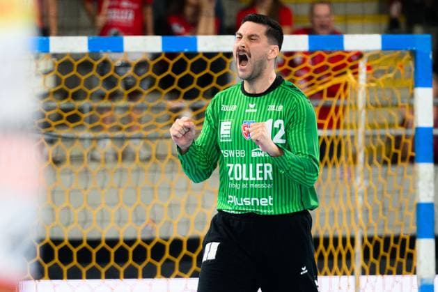 Bietigheim HBL 25 26 SG BBM Bietigheim VfL Luebeck Schwartau Torhueter Martin Tomovski Bietigheim Jubel Freude Emotion Bietigheim Bissingen Egetrans Arena Baden Württemberg Germany
