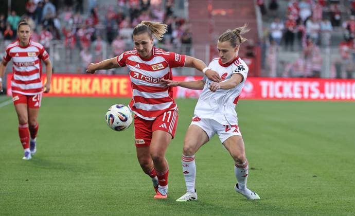 Dina Orschmann, Nastassja Lein duel match scene action sport soccer soccer 1 Bundesliga women women season 2025 2026 07 09 2025 1 FC Union Berlin vs 1 FC Nürnberg FCN DFL regulations prohibit any use of photographs as image sequences and or quasi video