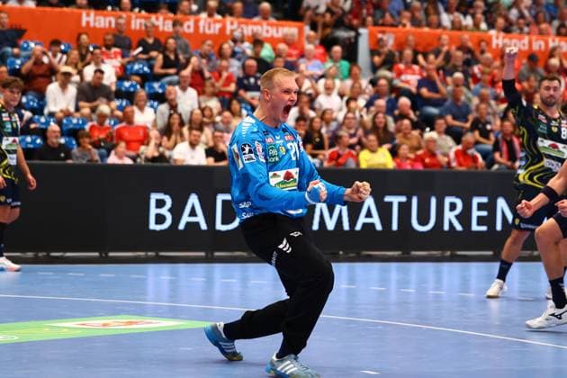 Handball I Men I Season 2025 2026 I Bundesliga I Matchday 3 I HSV Hamburg Rhein Neckar Löwen I 07 09 2025 David Späth 29, Rhein Neckar Löwen cheers Hamburg Alsterdorfer Sporthalle Hamburg Germany Copyright: xLobeca RalfxHomburgx