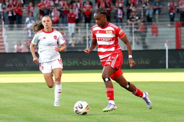 DEU, 2 BL, Frauen, 1 FC Union vs 1 FC Nuernberg, 07 09 2025, Stadion Alte Foersterei, Berlin, DEU, 2 BL, Frauen, 1 FC Union vs 1 FC Nuernberg, im Bild Naika Reissner 1 FC Union Berlin 42 , Homann, Sanja 1 FC Nuernberg 19 DFL regulations prohibit any use of Photographs as image sequences and or quasi video nordphotoxGmbHx xEngler nph00076
