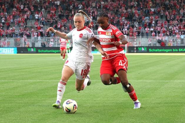 DEU, 2 BL, Frauen, 1 FC Union vs 1 FC Nuernberg, 07 09 2025, Stadion Alte Foersterei, Berlin, DEU, 2 BL, Frauen, 1 FC Union vs 1 FC Nuernberg, im Bild Naika Reissner 1 FC Union Berlin 42 , Mai, Franziska 1 FC Nuernberg 18 DFL regulations prohibit any use of Photographs as image sequences and or quasi video nordphotoxGmbHx xEngler nph00076