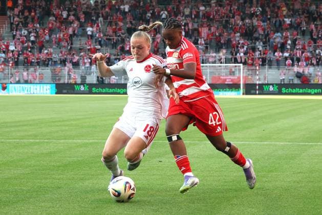DEU, 2 BL, Frauen, 1 FC Union vs 1 FC Nuernberg, 07 09 2025, Stadion Alte Foersterei, Berlin, DEU, 2 BL, Frauen, 1 FC Union vs 1 FC Nuernberg, im Bild Naika Reissner 1 FC Union Berlin 42 , Mai, Franziska 1 FC Nuernberg 18 DFL regulations prohibit any use of Photographs as image sequences and or quasi video nordphotoxGmbHx xEngler nph00076