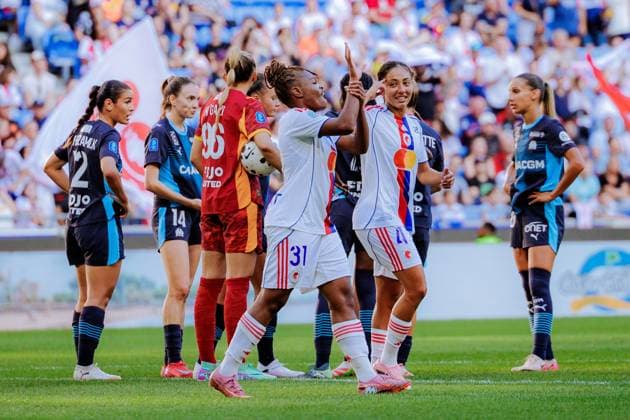Liana Joseph (31 Olympique Lyonnais) celebrate her goal with Selma Bacha (4 Olympique Lyonnais) during the Arkema Premiere Ligue game between OL Lyonnes and Olympique de Marseille at Groupama Stadium in Lyon, France. Copyright: xPaulinexFIGUETx xSPPx Sportspressphoto_SPR22067