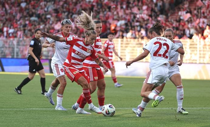 Jenny Hipp, Julia Pollak duel match scene Action Sport Soccer Football 1 Bundesliga Women Season 2025 2026 07 09 2025 1 FC Union Berlin vs 1 FC Nürnberg FCN DFL regulations prohibit any use of photographs as image sequences and or quasi video