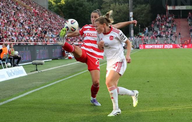 Anna Weiß, Nastassja Lein duel match scene action sport soccer soccer 1 Bundesliga women women season 2025 2026 07 09 2025 1 FC Union Berlin vs 1 FC Nürnberg FCN DFL regulations prohibit any use of photographs as image sequences and or quasi video