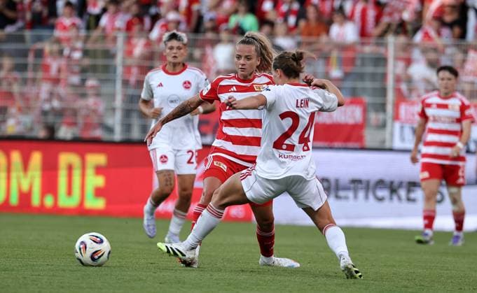 Jenny Hipp, Nastassja Lein duel match scene action sport soccer soccer 1 Bundesliga women season 2025 2026 07 09 2025 1 FC Union Berlin vs 1 FC Nürnberg FCN DFL regulations prohibit any use of photographs as image sequences and or quasi video
