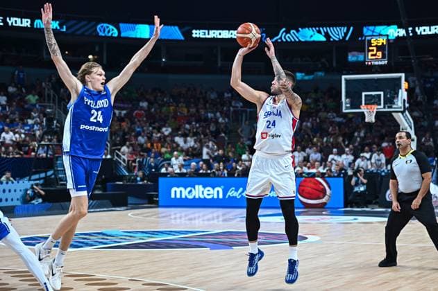 BASKET - Basket Internazionali - Serbia v Finland - FIBA EuroBasket 2025 - Round of 16 24 Stefan Jovic of Serbia competes with 24 Miikka Muurinen of Finland during the FIBA EuroBasket 2025, round of 16 match between Serbia and Finland at Xiaomi Arena on September 6, 2025, in Riga, Finland. Riga Latvia  Copyright: xIPAxSport ABACAx