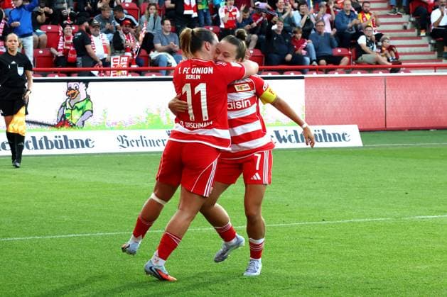 DEU, 2 BL, Frauen, 1 FC Union vs 1 FC Nuernberg, 07 09 2025, Stadion Alte Foersterei, Berlin, DEU, 2 BL, Frauen, 1 FC Union vs 1 FC Nuernberg, im Bild 1 0 durch Elfmeter von Lisa Heiseler 1 FC Union Berlin 7 , Dina Orschmann 1 FC Union Berlin 11 DFL regulations prohibit any use of Photographs as image sequences and or quasi video nordphotoxGmbHx xEngler nph00076