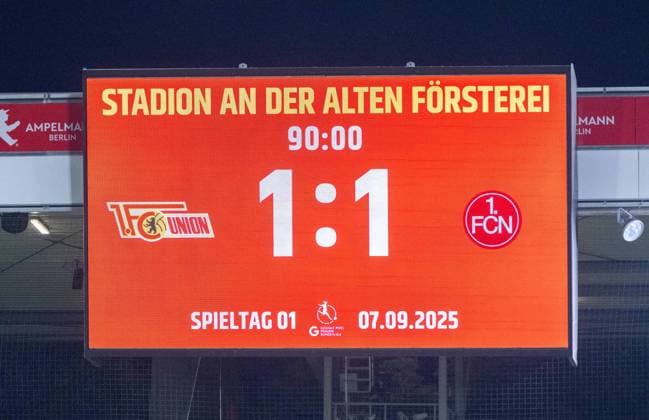 Soccer, Women, Season 2025 2026, Google Pixel Women Bundesliga 1 Matchday , 1 FC Union Berlin 1 FC Nürnberg, Scoreboard with 1 1 Final Score, 07 09 2025, Copyright: xMatthiasxKochx