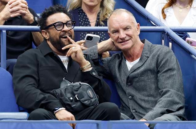 Musicians Sting (R) and Shaggy sit in the stands to watch Jannik Sinner of Italy play Carlos Alcaraz of Spain in the Men s Finals of the 2025 US Open Tennis Championship in Arthur Ashe Stadium at the USTA Billie Jean King National Tennis Center in Flushing Meadows, New York, on Sunday, September 7, 2025.  NYP20250907114 COREYxSIPKIN