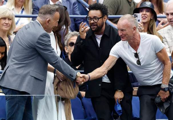 Musician Bruce Springsteen (L) and his daughter Jessica Springsteen greet musicians Sting (R) and Shaggy (2nd R) as they attend the Men s Finals of the 2025 US Open Tennis Championship in Arthur Ashe Stadium at the USTA Billie Jean King National Tennis Center in Flushing Meadows, New York, on Sunday, September 7, 2025.  NYP20250907132 COREYxSIPKIN