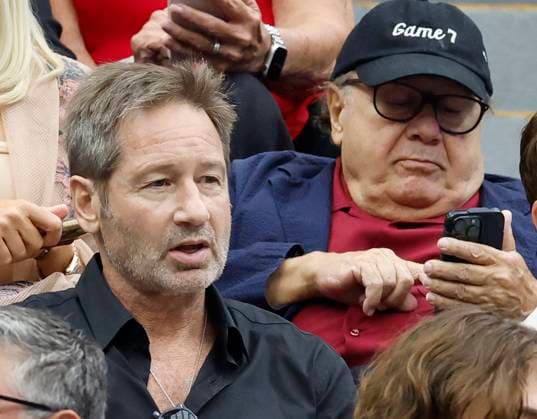 David Duchovny (L) and Danny DeVito attend the Men s Finals of the 2025 US Open Tennis Championship in Arthur Ashe Stadium at the USTA Billie Jean King National Tennis Center in Flushing Meadows, New York, on Sunday, September 7, 2025.  NYP20250907136 COREYxSIPKIN