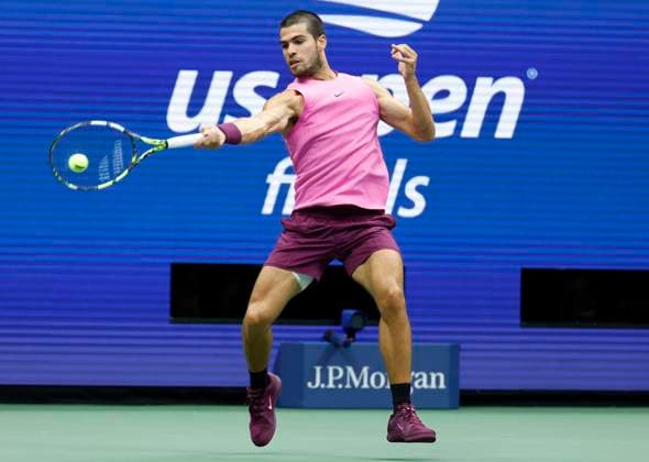 Carlos Alcaraz of Spain hits a return to Jannik Sinner of Italy in the first set in the Men s Finals of the 2025 US Open Tennis Championship in Arthur Ashe Stadium at the USTA Billie Jean King National Tennis Center in Flushing Meadows, New York, on Sunday, September 7, 2025.  NYP20250907140 COREYxSIPKIN