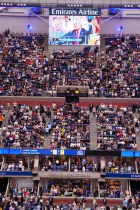 Donald Trump is booed as he appears on the big screen during the Men s Singles Final between Carlos Alcaraz and Jannik Sinner 2025 US Open, Day Fifteen, USTA Billie Jean King National Tennis Center, New York, USA - 07 Sept 2025New York USTA Billie Jean King National T New York (NY) United States of America  Copyright: xJavierxGarcia Shutterstockx 15467799b