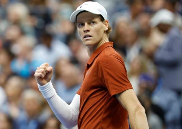 Jannik Sinner of Italy reacts after winning a point against Carlos Alcaraz of Spain in the second set in the Men s Finals of the 2025 US Open Tennis Championship in Arthur Ashe Stadium at the USTA Billie Jean King National Tennis Center in Flushing Meadows, New York, on Sunday, September 7, 2025.  NYP20250907155 COREYxSIPKIN