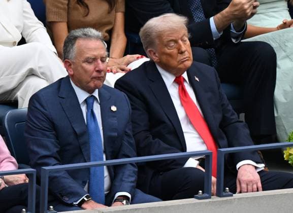 President Donald Trump watches as Jannik Sinner of Italy plays Carlos Alcaraz of Spain in the Men s Finals of the 2025 US Open Tennis Championship in Arthur Ashe Stadium at the USTA Billie Jean King National Tennis Center in Flushing Meadows, New York, on Sunday, September 7, 2025.  NYP20250907201 LARRYxMARANO