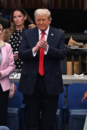 President Donald Trump watches as Jannik Sinner of Italy plays Carlos Alcaraz of Spain in the Men s Finals of the 2025 US Open Tennis Championship in Arthur Ashe Stadium at the USTA Billie Jean King National Tennis Center in Flushing Meadows, New York, on Sunday, September 7, 2025.  NYP20250907209 LARRYxMARANO