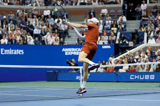 Jannik Sinner of Italy returns a drop shot from Carlos Alcaraz of Spain in the second set in the Men s Finals of the 2025 US Open Tennis Championship in Arthur Ashe Stadium at the USTA Billie Jean King National Tennis Center in Flushing Meadows, New York, on Sunday, September 7, 2025.  NYP20250907161 COREYxSIPKIN