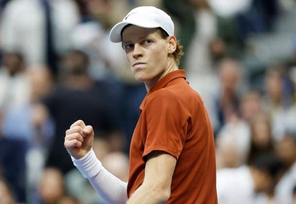 Jannik Sinner of Italy reacts after winning the second set against Carlos Alcaraz of Spain in the Men s Finals of the 2025 US Open Tennis Championship in Arthur Ashe Stadium at the USTA Billie Jean King National Tennis Center in Flushing Meadows, New York, on Sunday, September 7, 2025.  NYP20250907162 COREYxSIPKIN