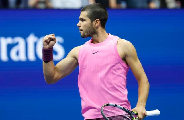 Carlos Alcaraz of Spain reacts after winning the third set against Jannik Sinner of Italy in the Men s Finals of the 2025 US Open Tennis Championship in Arthur Ashe Stadium at the USTA Billie Jean King National Tennis Center in Flushing Meadows, New York, on Sunday, September 7, 2025.  NYP20250907169 COREYxSIPKIN