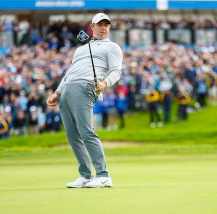 7th September 2025; The K Club, Straffan, County Kildare, Ireland: Amgen Irish Open Golf Final Round; Rory McIlroy of Northern Ireland misses his long putt in the second payoff hole on the 8th green  PeterxFitzpatrick