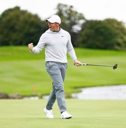 7th September 2025; The K Club, Straffan, County Kildare, Ireland: Amgen Irish Open Golf Final Round; Rory McIlroy of Northern Ireland sinks his eagle putt on the 8th green to make it into to playoff  PeterxFitzpatrick
