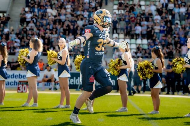 Kay Ludwig (Dresden Monarchs, 33) celebrates runout, Dresden Monarchs vs Potsdam Royals, American Football, German Football League , Week 18, Season 2025, 06.09.2025, Dresden Heinz-Steyer Stadion Sachsen Germany Copyright: xFootxBowl Julien-MariusxKrügerx